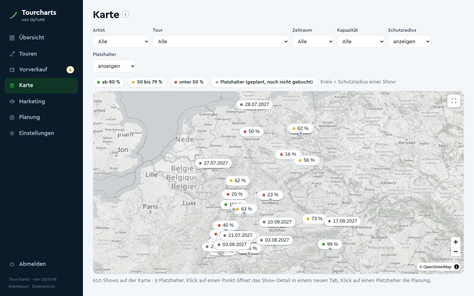 Karte mit allen Shows in der Farbe ihrer Auslastung