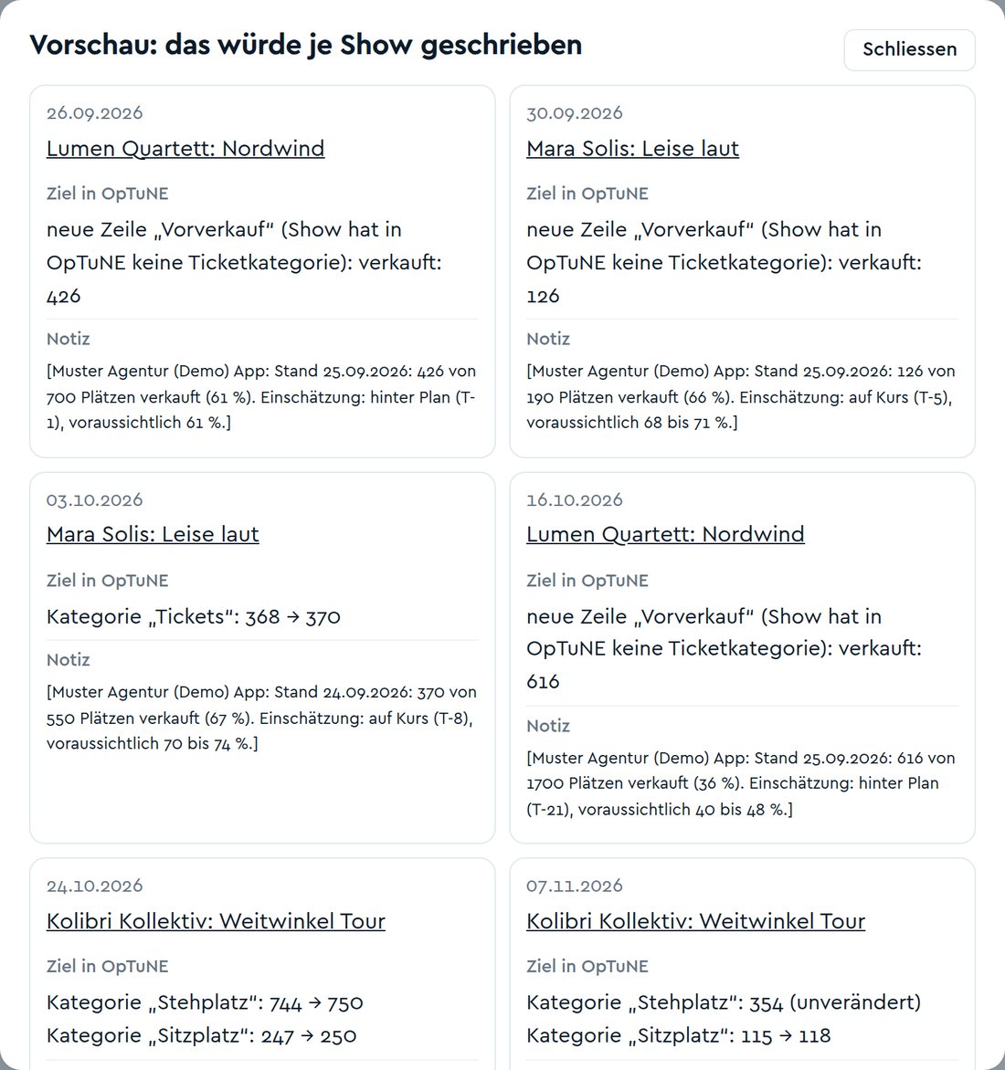 Vorschau der Übertragung nach OpTuNE mit Stand und Notiz je Show